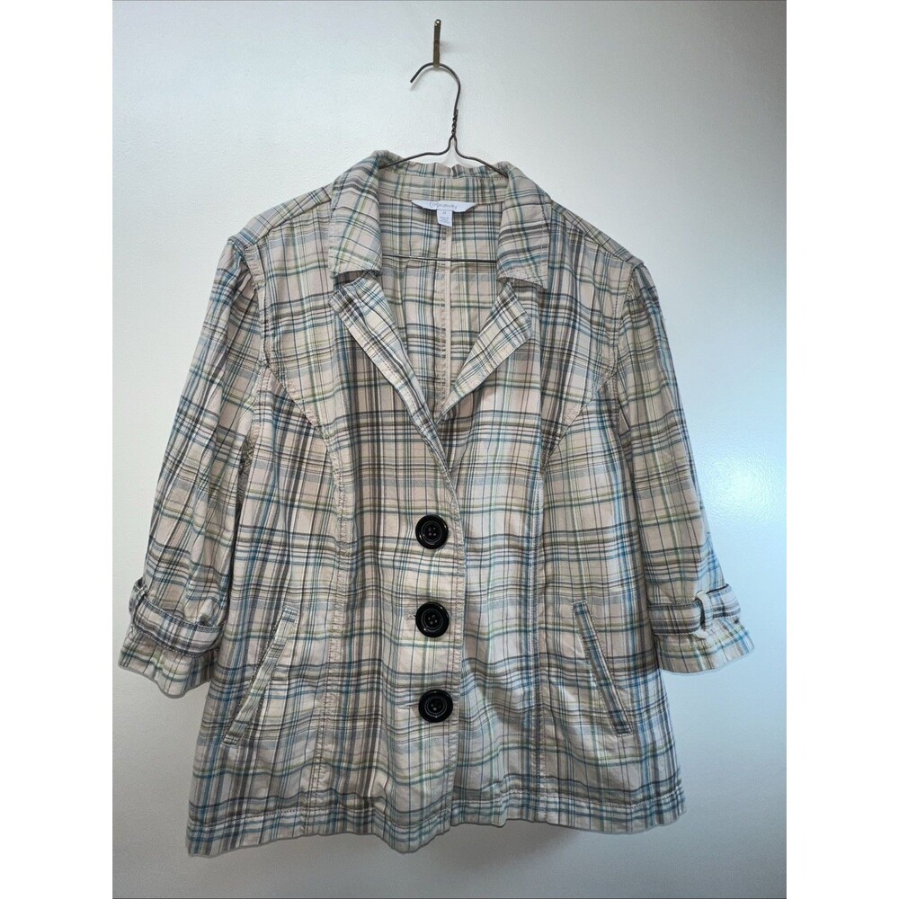 Relativity Women's Sz 2X Beige Brown Blue Plaid Short Sleeve Cottage Core Jacket